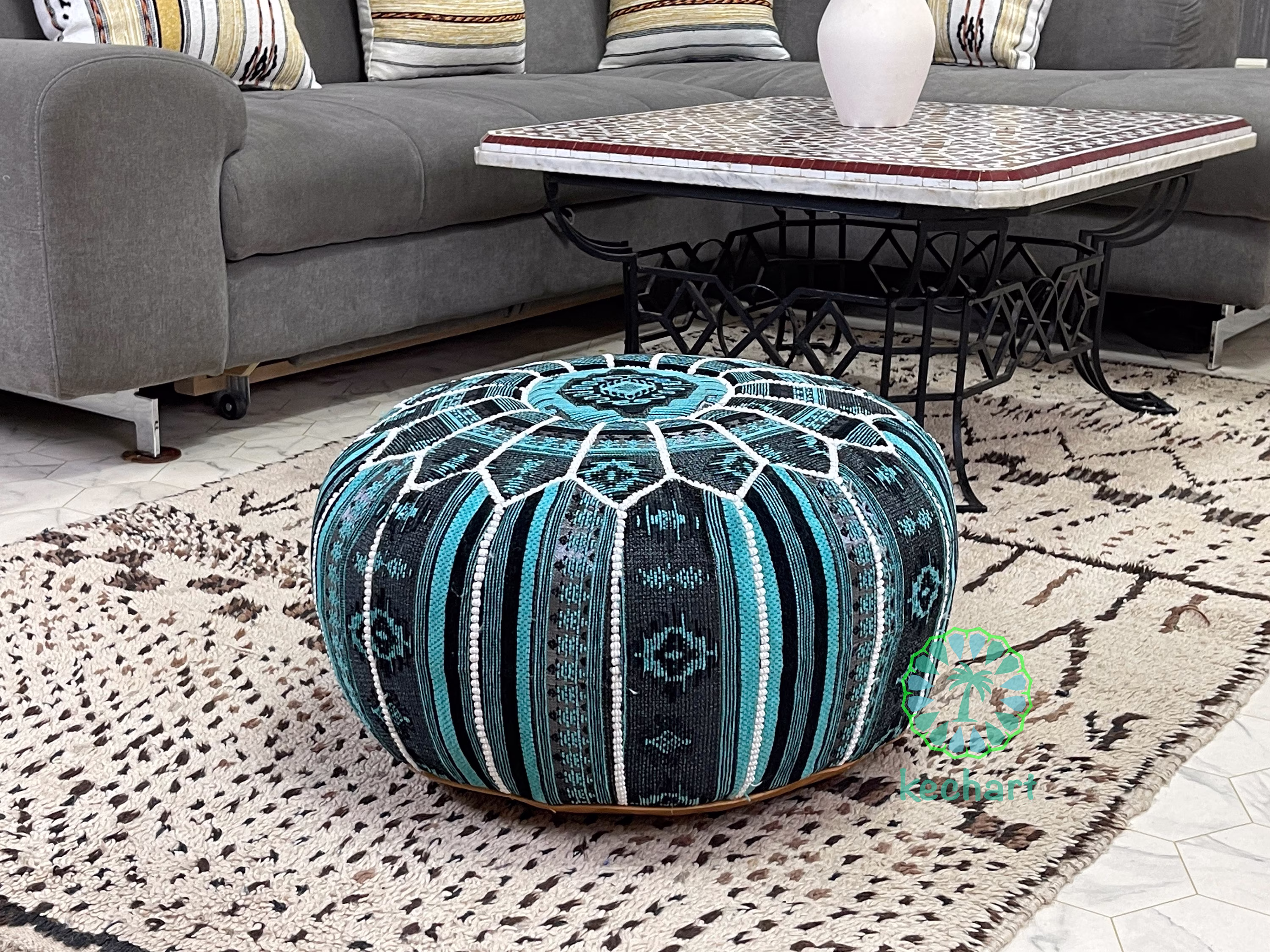 Kechart - Navy Blue Round Moroccan Pouf, Floor Ottoman, Cover, Home Decor, Genuine Leather, Tissue, Chairs & Ottomans, Cushion, Footstool