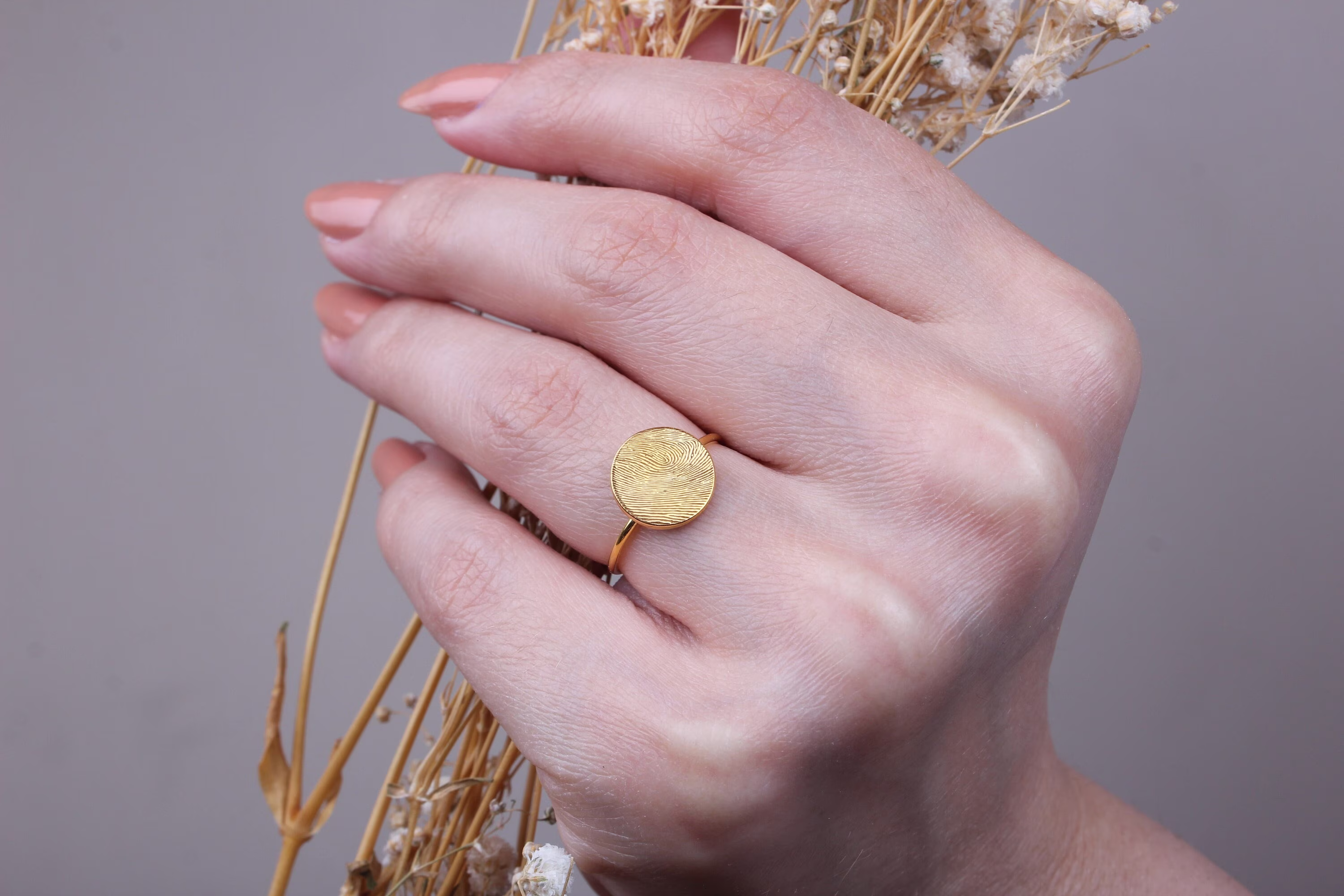 14K Solid Gold Memorial Thumbprint Ring, Personalized Fingerprint Jewelry, Custom Engraved Dainty Mothers Day Rings