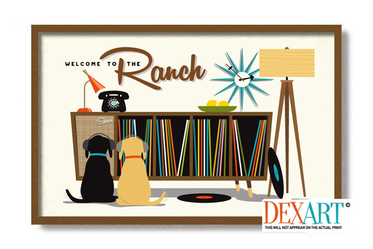 Mid Century Modern Ranch House Wall Art Print, Black Dog Lover Gift, Retro Sideboard, Lab, Record Player, Labrador Retriever