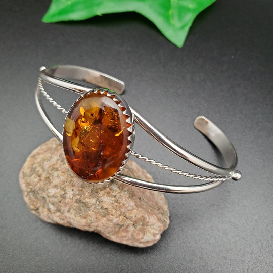 Yellow Stone #01 | Simple Oval Bracelet Cuff Sterling Silver Amber Southwest Jewelry Made in Usa