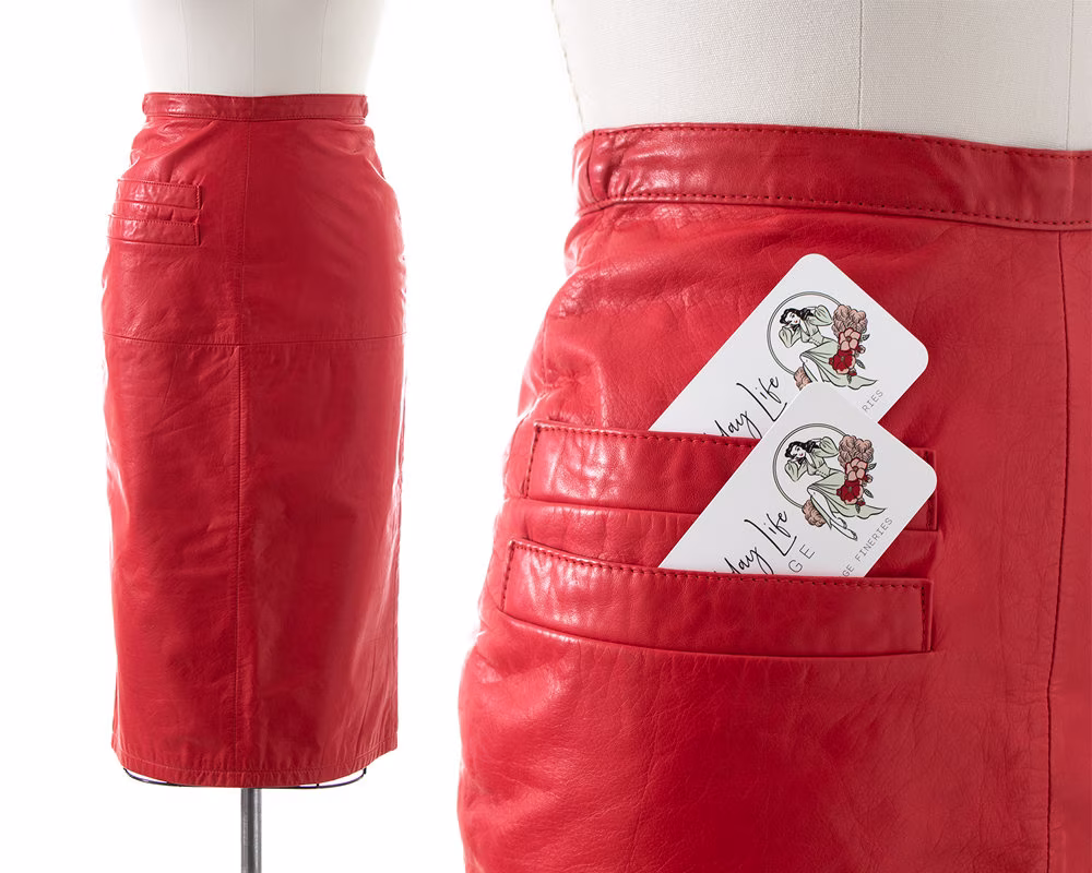 Vintage 1980S Pencil Skirt | 80S Tannery West Red Leather High Waisted With Pockets | x-Small
