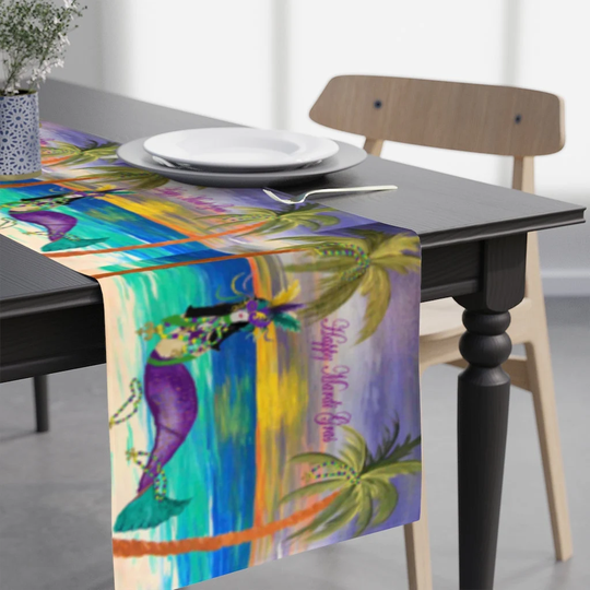 Mardi Gras Mermaid Party Table Runner Of My Art. Size 90" X 16". Mermaid Crowned Decor