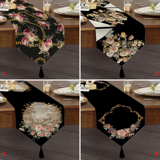 Rose Black Table Runner, Triangle Dining Tony Flower Pukka Runner With Tassel, Floral Home Decoration