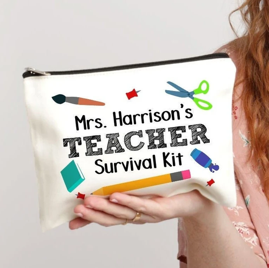 Teacher Survival Kit, Gift For Teacher, End Of Year Gift, Appreciation, Pencil Pouch, Personalized Makeup Bag, School