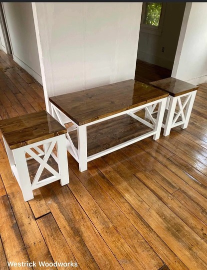 Farmhouse Living Room Set, End Tables Set & Coffee Table in White Walnut Stain Top, Rustic Furniture X
