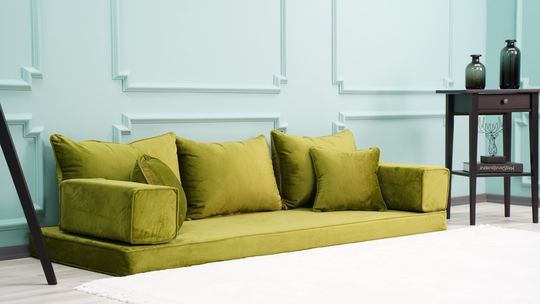 Velvet Olive Color Floor Seating Sofas, Loveseat, Pillows, Modern Livingroom Cushions, Toddler Bed, Couches
