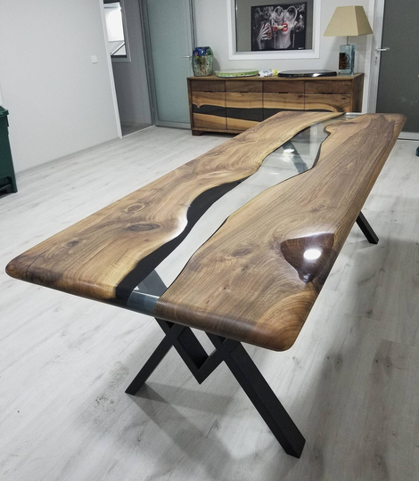 Live Edge Epoxy Dining Table Walnut Wood Transparent Resin - Coffee Office %100 Handmade