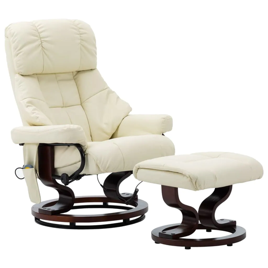 Massage Reclining Chair Cream Faux Leather and Bentwood