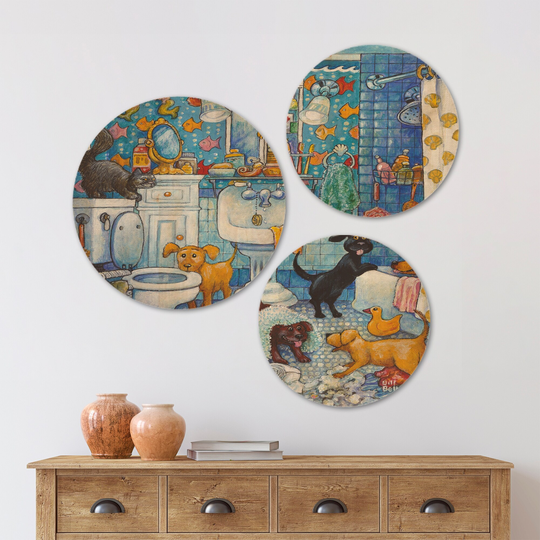 Designart 'More Bathroom Pups' Vintage Wood Wall Art Set of 3 Circles - Multi-Color