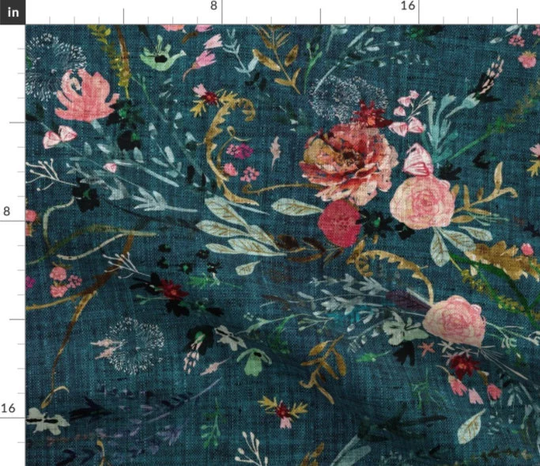 Fable Floral Teal Fabric By The Yard | Blush Flowers Muted Florals Vintage Made To Order Organic