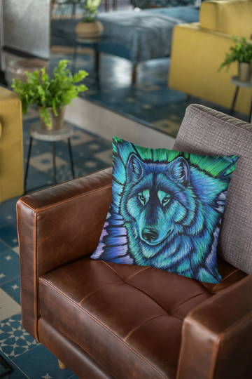 Colorful Fantasy Spirit Wolf Aurora Polyester Square Throw Pillow