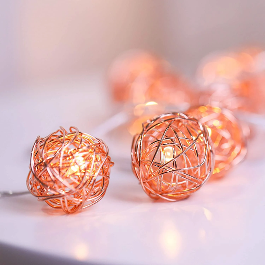 Pink Morrocan Globe String Lights | Handmade Rose Gold Globes, Battery Operated Fairy Decorative Lantern Lighting Cotton Ball
