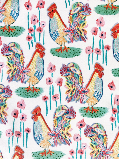 Roosters & Flowers Multicoloured Floral Quilting Cotton Fabric By 1/4 Or 1/2 Yard, Fat Quarter Fabric, Farm Animal Chicken