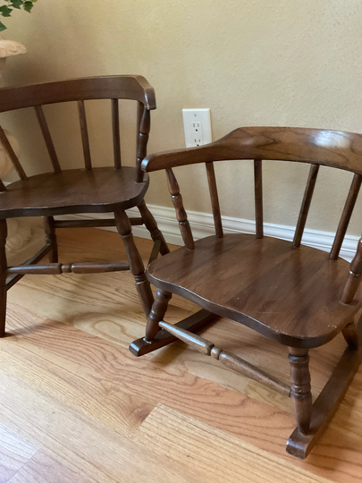 Pair Of Children's Vintage Barrel Back Chairs. One Is A Four Legged Chair, Other One Rocking Chair