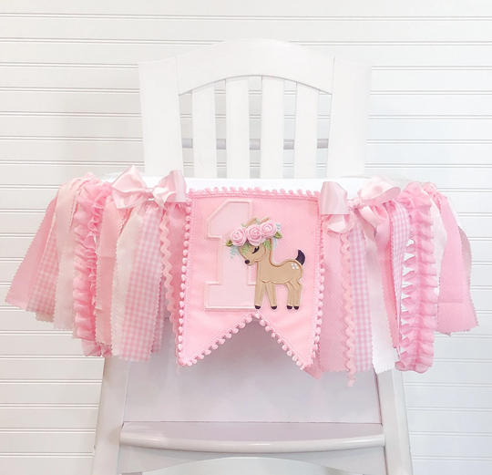 Pink Deer 1st Birthday High Chair Banner, Highchair Woodland Deer, First Birthday