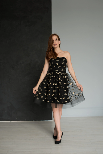 Embroidered Bee Cocktail Dress, Black Mini Garden Party Tulle Skirt, Strapless Little Queen