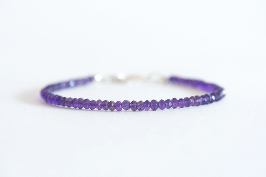Delicate Dark Amethyst Bracelet, Dainty Sterling Silver Wing Charm, 3mm