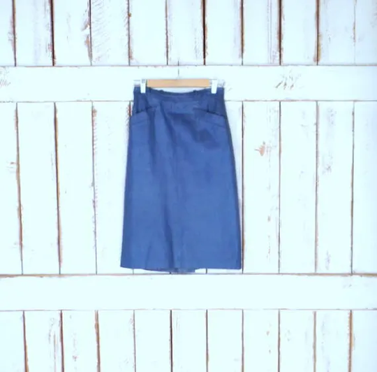 Vintage 70S Dusty Blue Leather Fitted High Waisted Midi Skirt/Leather Sheer Panel Pencil Skirt/Long Skirt/Small