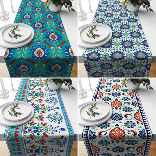 Tulip Pattern Table Runner, Turkish Style Kitchen Runners, Tile Design Tablecloth, Ethnic Home Textile, Housewarming Gift, Gift For Her