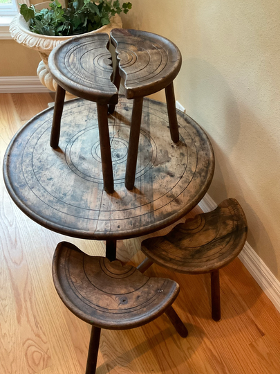 Antique Milking Stool Set With Matching Table. Folk Art Table