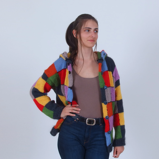 Color Block Patchwork Cardigan, Harry Styles Cardigan Sweater, Colorful Warm Mohair Wool Multicolor Abstract Button Up