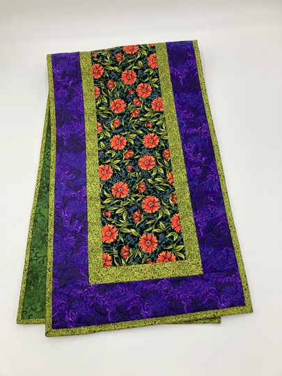 Red Purple Flowers Quilted Summer Table Runner 13x48", Reversible Dining Coffee Table, Nightstand End Floral Country Handmade