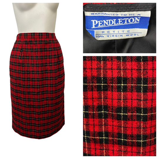 1980S Pendleton Skirt/80S Wool Plaid Pencil Lined Rockabilly Women's Xs/S