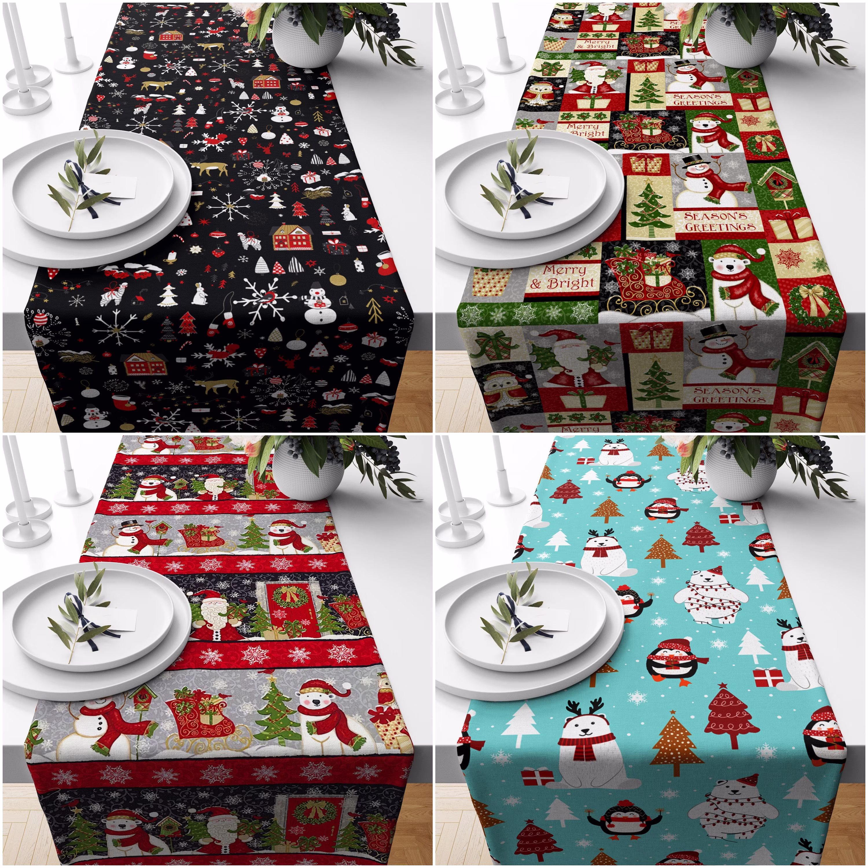 Winter Trend Table Runner|Cute Snowmen Penguen Bear & Pine Tree Decor|Snowflake Runner|xmas Home Decor|xmas Gifts Tablecloth