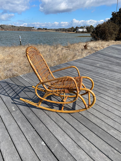 Vintage Franco Albini Style Rocking Chair, Boho Rattan Bohemian Decor, Cottagecore Aesthetic