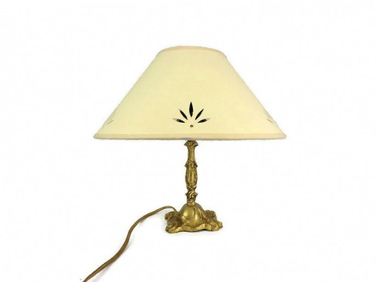 Antique Table Lamp With Beige Shade, Vintage Brass Lamp, Night