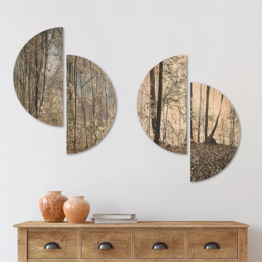 Designart 'Dark Morning in Forest Panorama' Landscape Wood Wall Art Set of 4 Half Circles - Multi-Color