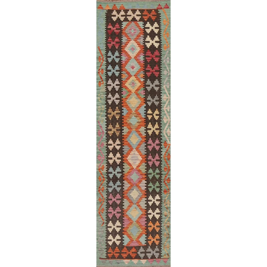 Colorful Geometric Kilim Runner Rug Flat-weave Wool Carpet - 2'4" x 9'9"