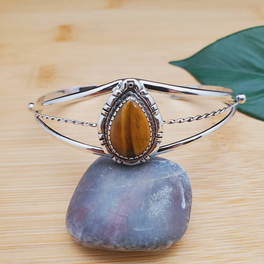 Socute925 Dainty Tigereye Cuff Bracelet | Sterling Silver Teardrop Southwest Made in Usa