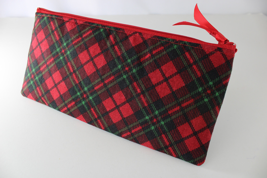 Pencil Case Holiday Christmas Red Green Black Plaid Fabric Zipper Pouch Makeup Cosmetic Accessory Bag Gift For Her - Personalized Name/Word