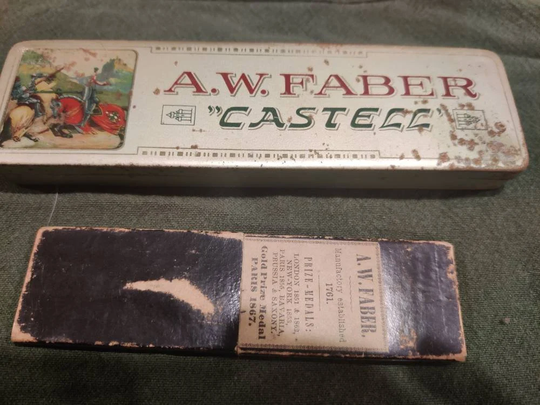 A.w. Faber Castell Metal Pencil Box 2H Hinged Lid 7" & 1800S Mechanical Leads in Antique - 1867 Drawing