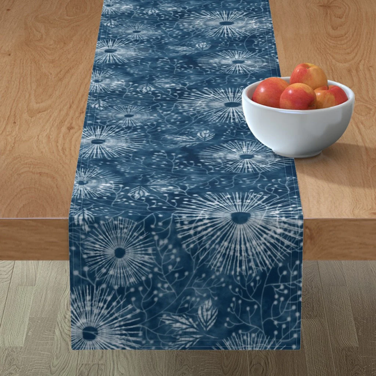 Indigo Flower Table Runner - Shibori Dandelion By Hnldesigns Japanese Inspired Batik Cotton Sateen Spoonflower