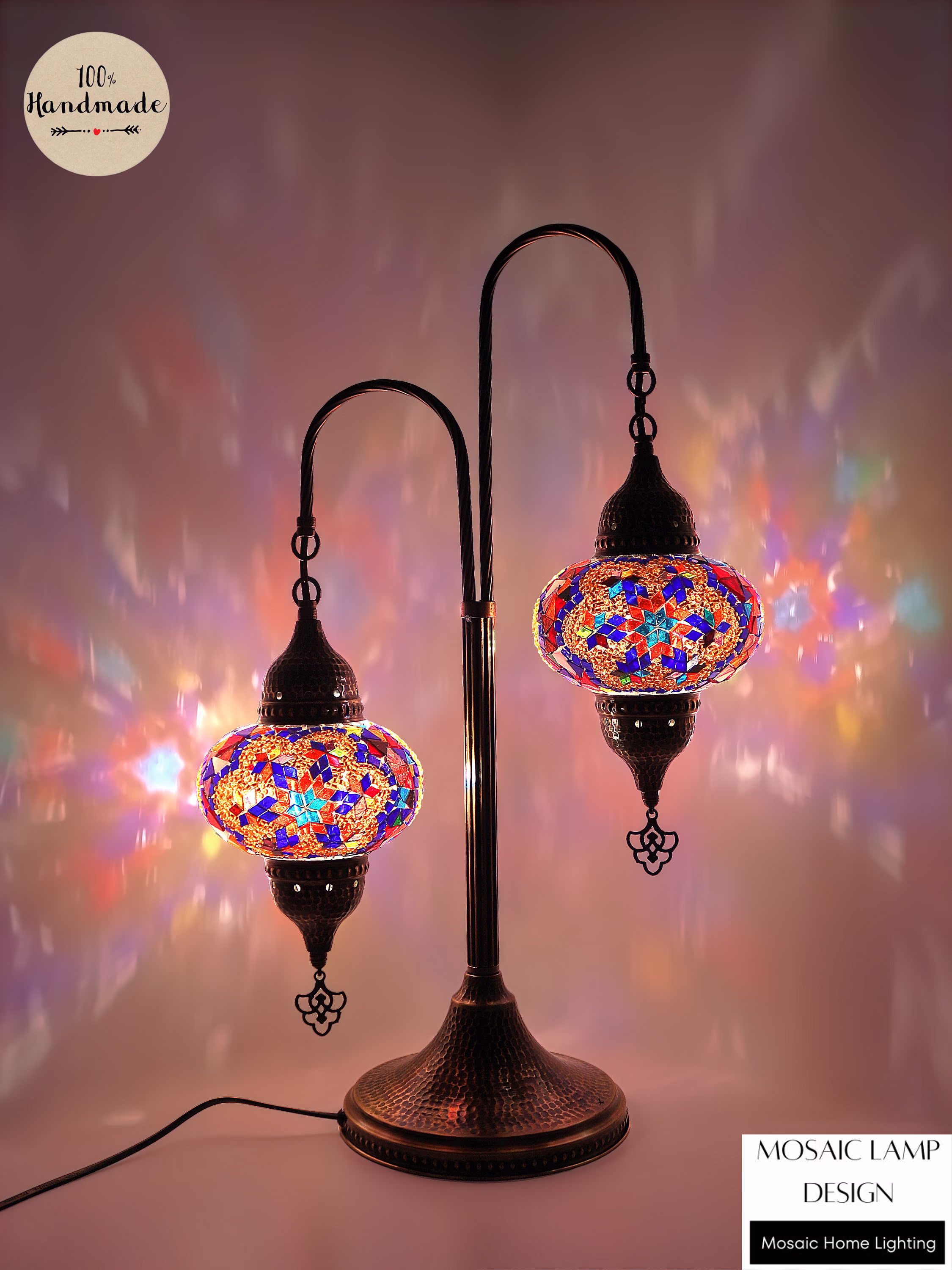 2 Globe Turkish Mosaic Table Lamp, Desk Plug in Lights, Moroccan Stained Glass Lamp