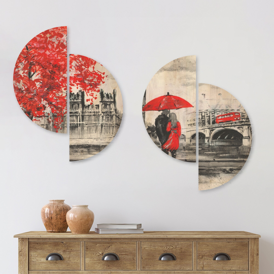 Designart 'Couples Walking in Paris' Landscape Wood Wall Art Set of 4 Half Circles - Multi-Color