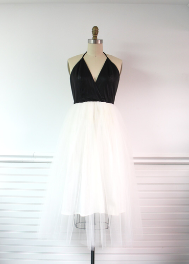 Faux Leather, Tulle Dress, Prom Party Vegan Holiday Bridesmaid Ballerina Tea Length Dress