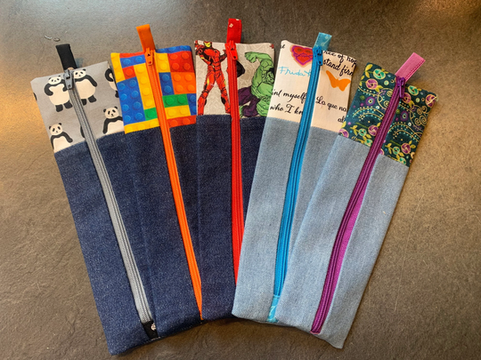 Slim Pencil Case, Ideal For Pens, Pencils, Toothbrush, Reusable Straw - Handmade in Cotton & Denim