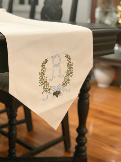 Table Runner With Romanesque Monogram & Holiday Frame - Decor, Thanksgiving, Christmas, Hanukkah, Wedding, Scape, Personalized