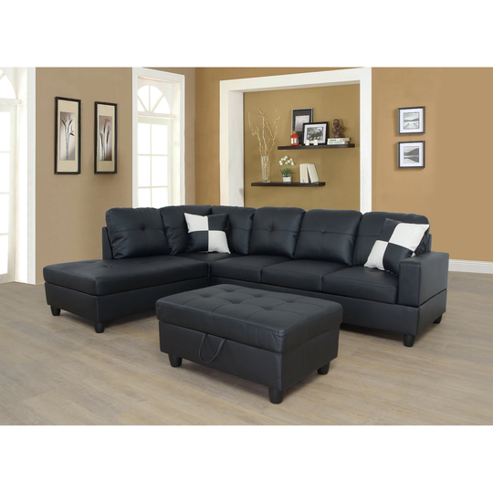 F&M 3 Piece Pu Faux Leather Sectional Sofa Set - Sofa Chaise & Ottoman