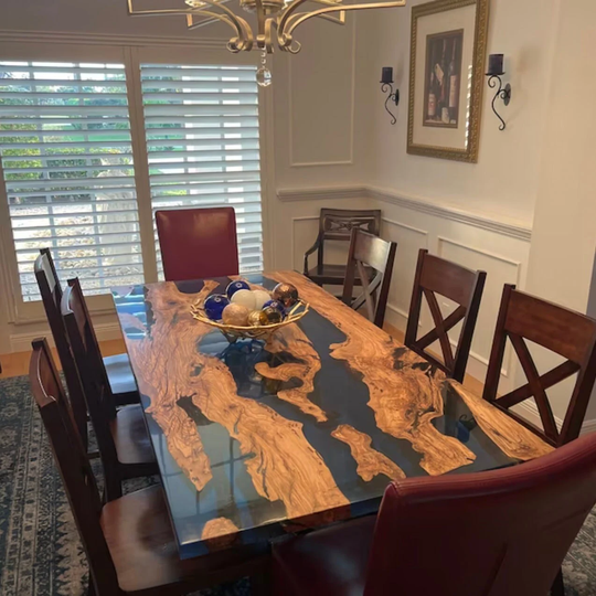 Epoxy Dining Table, Resin Olive Tree Live Edge Table