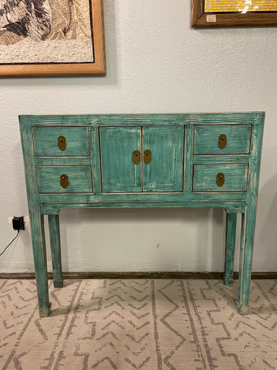 Antique Four Drawers Console Table Weathered Soft Aqua | Handmade