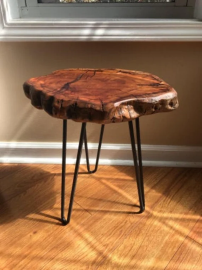 16" Tall Live Edge Wood Table with Hairpin Legs | Nightstand, Table, Plant Stand -Live Slab Tree Log Furniture Rustic Reclaimed