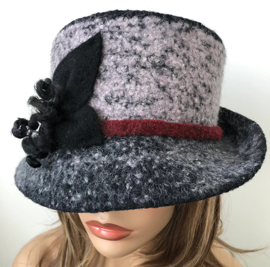 Black & Gray Wool Felted Hat With Wide Brim Flower Accent, Handmade Felted Hat, Felt Winter Hat