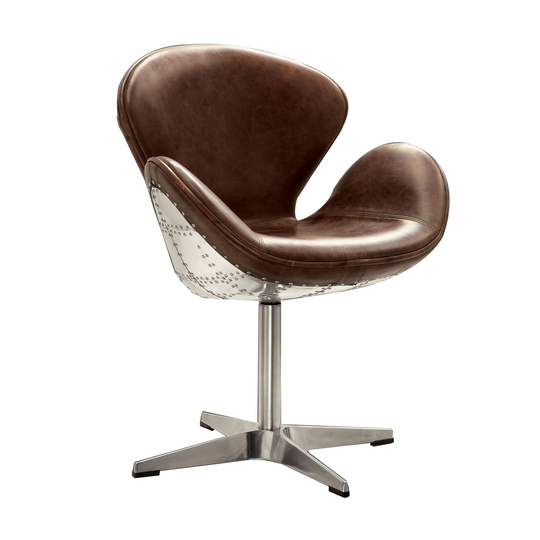 Top Grain Leather Accent Chair with Swivel, Brown & Silver - 35 H x 25 W x 27 L Inches