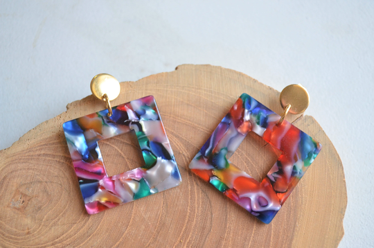 Multi Color Statement Earrings, Colorful Lucite Large Acrylic Gift For Her - Brenda