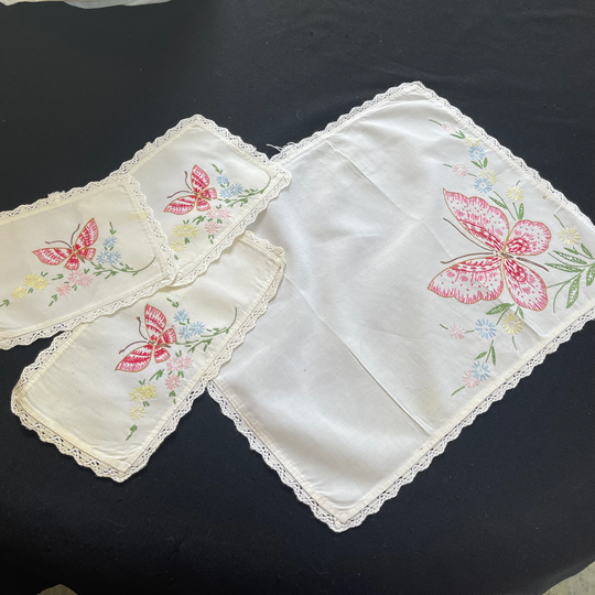 Set Of 4 Vintage Off White Small Table Runners Or Doilies With Hand Embroidery Butterflies & Flowers & Crochet Trim