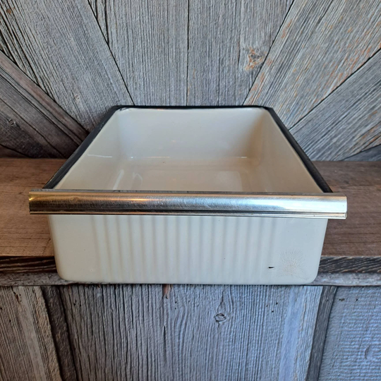 Vintage Refrigerator Drawer Enamel Crisper Enamelware Rectangular White Office Storage Container Veggies Produce